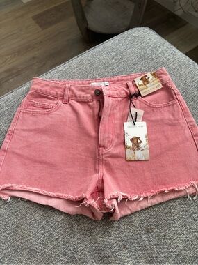 Sincerly Jules Rose Pink Frayed Hem Denim Shorts